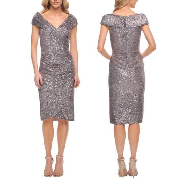 New La Femme Sequin Faux Wrap Cocktail Dress Size 10 - Picture 1 of 11